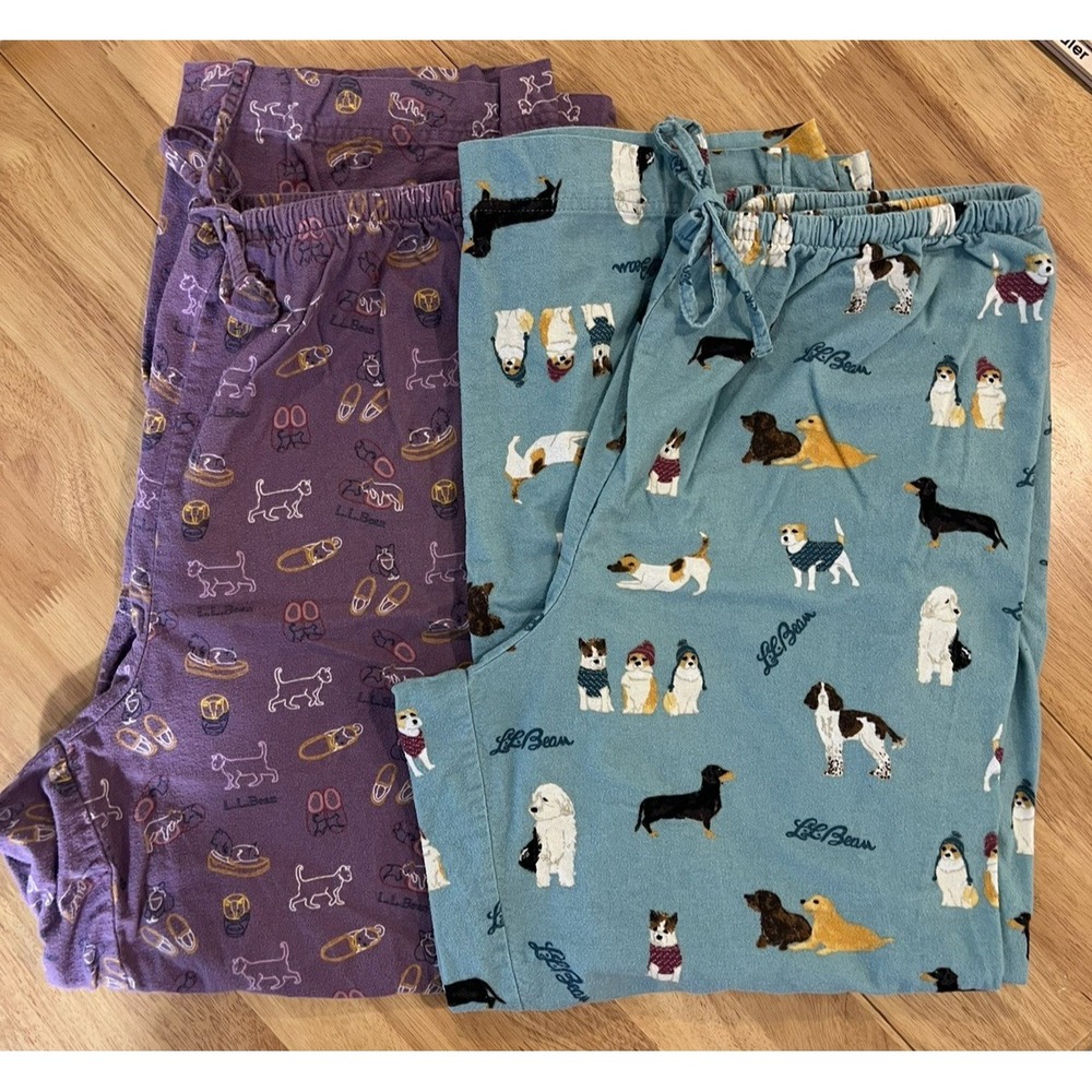 LL BEAN Flannel PJ Sleep Pants Womens 1X Blue Dog -Purple Cats-Cotton-TWO Pairs